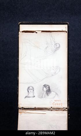 BUCHSKIZZE DER ZEICHNUNGEN COROT: VIER SKIZZEN VON FRAUEN UND BRIEFMARKE RED SALE COROT (SEITE 10) JEAN-BAPTISTE CAMILLE COROT (1796-1875). Carnet de croquis de dessins de Corot: Quatre croquis de femmes et cachet rouge vente Corot (Seite 10). Krebse. Paris, musée Carnavalet. Stockfoto