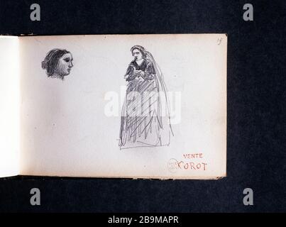 BUCHSKIZZENZEICHNUNG COROT: FRAU MIT KOPF UND FRAU SILHOUETTE, DIE SCHEINBAR EINE FIGUR DES THEATERS IST UND DEN ROTEN VERKAUFSABZEICHEN COROT (SEITE 23) JEAN-BAPTISTE CAMILLE COROT (1796-1875) ABSTEMPELT. Carnet de croquis de dessins de Corot : tête de femme et Silhouette de femme qui parait être un personnage de théâtre et cachet rouge vente Corot (Seite 23). Krebse. Paris, musée Carnavalet. Stockfoto