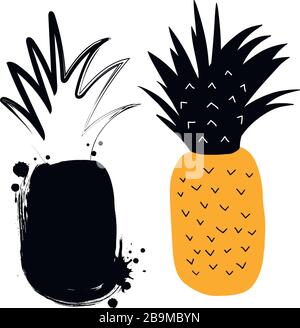 Abstrakte Abbildung Ananas schwarz und orange auf weißem Hintergrund isoliert Stock Vektor