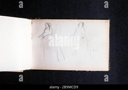 BUCHSKIZZENZEICHNUNG COROT: ZWEI SILHOUETTEN FRAUEN (SEITE 37) Jean-Baptiste Camille Corot (1796-1875). Carnet de croquis de dessins de Corot: Deux Silhouetten de femmes (Seite 37). Krebse. Paris, musée Carnavalet. Stockfoto