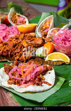 Cochinita Pibil, mexikanische, pit-geröstete Schweineform aus Yucatan, auf Bananenblättern mit traditionellen Gewürzen. Tacos und Tostadas aus Mexiko. Stockfoto