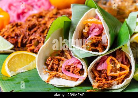 Tacos von cochinita pibil, traditionelles mexikanisches, pit-geröstetes Schweinegericht aus Yucatan, serviert mit traditionellen Gewürzen Stockfoto