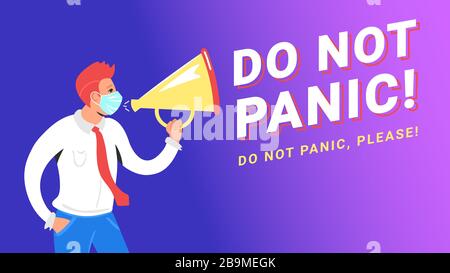 Keine Panik beim Konzept Vektordarstellung des Menschen, der medizinische Maske trägt und in Megafon schreit, um massive Panik in Bezug auf Kovid-19 zu stoppen. Gradient de Stock Vektor