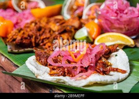 Cochinita Pibil, mexikanische, pit-geröstete Schweineform aus Yucatan, auf Bananenblättern mit traditionellen Gewürzen. Tacos und Tostadas aus Mexiko. Stockfoto