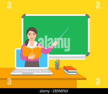 Online-Bildungskonzept. Hausunterricht während der Quarantäne. Fernunterricht per Computer. Asian Woman Teacher in der virtuellen Klasse hat ein offenes Buch und ein offenes Buch Stock Vektor