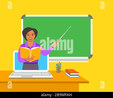 Online-Bildungskonzept. Hausunterricht während der Quarantäne. Fernunterricht per Computer. Schwarze Frau Lehrerin in virtueller Klasse hält offenes Buch und PO Stock Vektor