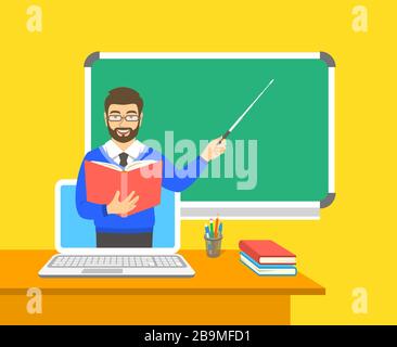 Online-Bildungskonzept. Hausunterricht während der Quarantäne. Fernunterricht per Computer. Der Lehrer in der virtuellen Klasse hält ein offenes Buch und zeigt auf Stock Vektor