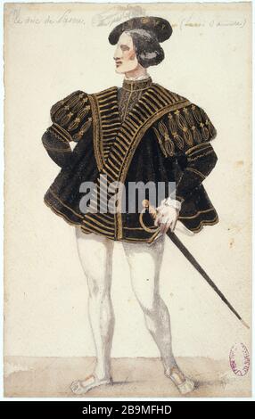 MUSTERANZUG FÜR DEN HERZOG VON PRESNES BEI DER ENTSTEHUNG DES KÖNIGS MACHT SPASS AN DER FRANZÖSISCHEN KOMÖDIE LOUIS BOULANGER (1806-1867). "Aquette de Kostüm pour le duc de Presmes, dans la création du Roi s'amuse à la Comédie française du 22 novembre". Aquarelle. Paris, Maison de Victor Hugo. Stockfoto