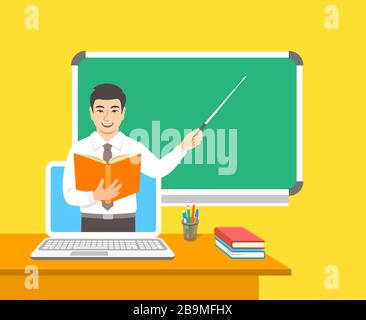 Online-Bildungskonzept. Hausunterricht während der Quarantäne. Fernunterricht per Computer. Asian man Teacher in der virtuellen Klasse hat ein offenes Buch und ein offenes Poin Stock Vektor