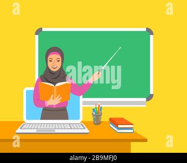Online-Bildungskonzept. Heimunterrichts unter Quarantäne. Fernunterricht per Computer. Muslimisch-arabische Frauenlehrerin in virtueller Klasse hält offenes Buch und Stock Vektor