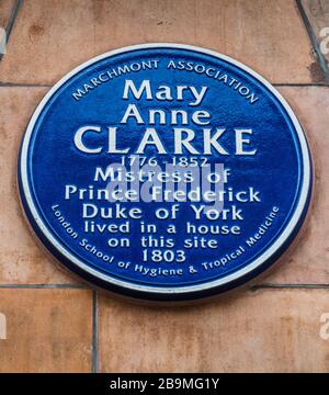 Mary Anne Clarke Blue Plaque 31 Tavistock Place, London. Mary Anne Clarke war Herrin von Prinz Frederick Herzog von York. Stockfoto