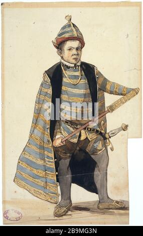 MODELLANZUG FÜR TRIBOUELT BEI DER ENTSTEHUNG DES KÖNIGS MACHT SPASS AN DER FRANZÖSISCHEN KOMÖDIE LOUIS BOULANGER (1806-1867). "Aquette de costüm pour Triboulet, dans la création du ROI s'amuse à la Comédie française du 22 novembre". Aquarelle. Paris, Maison de Victor Hugo. Stockfoto