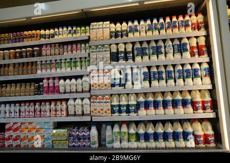 Dubai VAE Dezember 2019 Milchflaschen in Regalen zum Verkauf angeboten. Verschiedene Größen. Auch aromatisierte Milch Erdbeermilch, Kamelmilch, Kokosnuss m Stockfoto