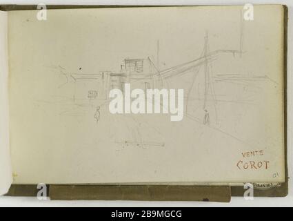 BUCH DER ZEICHNUNGEN: LANDSCHAFT LEER UND STEMPEL ROT VERKAUF COROT (SEITE 10) CAMILLE-JEAN-BAPTISTE COROT (1796-1875). Carnet de croquis de dessins : ébauche de paysage et cachet rouge vente Corot (Seite 10). Krebse. Paris, musée Carnavalet. Stockfoto