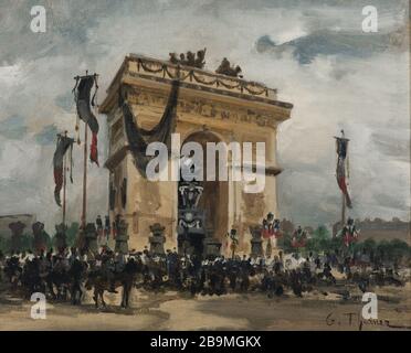 Die Beerdigung von Victor Hugo unter dem Triumphbogen G. Thurner. "Les funérailles de Victor Hugo sous l'Arc de Triomphe". Huile sur toile. 1885. Paris, Maison de Victor Hugo. Stockfoto