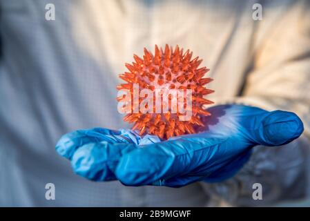 Wissenschaftlicher mit Schutzanzug, der ein rotes Modell von Coronavirus hält. Molekül von COVID-19. Das Konzept, einen Virus zwischen Menschen zu infizieren oder zu übertragen Stockfoto