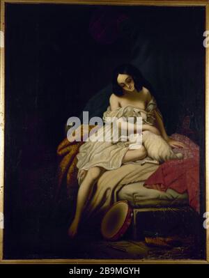 EMERALD AND GOAT - NOTRE-DAME DE PARIS VICTOR HUGO (1802-1885). "Esmeralda et sa chèvre" ("Notre-Dame de Paris"). Huile sur toile de Charles de Steuben. Paris, Maison de Victor Hugo. Stockfoto