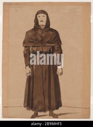 MUSTERANZUG FÜR MENSCHLICHE MASKE FÜR ANGELO, TYRANN VON PADUA FÜR COMEDY IM FRANZÖSISCHEN STIL-1835 LOUIS BOULANGER. L'homme masqu, maquette de costüm pour Angelo, Tyran de Padoue la Comdie-Franaise en 1835. Aquarelle et crayon Graphit sur Papier. Paris, Maison de Victor Hugo. Stockfoto