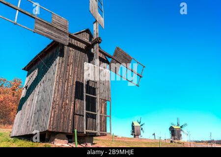 Alte Holzwindmühlen auf sonniger Wiese. Ländliche Herbstlandschaft, Pyrohiv, Kiew, Okt.2019 Stockfoto