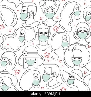 Ein nahtloses medizinisches Muster aus Ärzten und Schutzmasken. Stock Vektor
