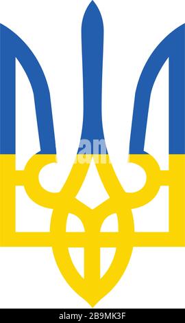 Tryzub.ukrainisches blaues und gelbes Wappen, Dreizack-Nationalsymbol. Darstellung des Stock-Vektors auf weißem Hintergrund isoliert. Stock Vektor