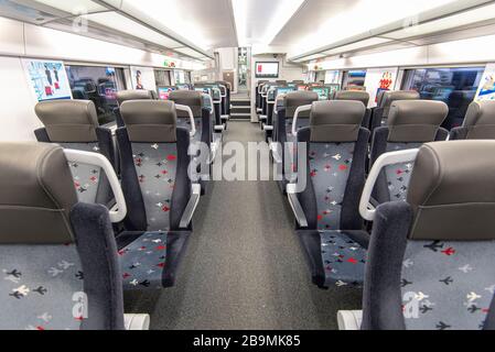 MOSKAU - 06. JANUAR: Interieur des Aeroexpress Zuges, Beförderung des Schnellzugs zum Flughafen in Moskau am 06. Januar. 2019 in Russland Stockfoto