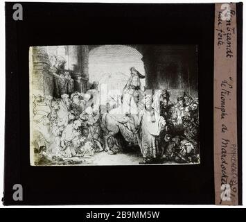 Rembrandt van Rijn (1606-1669), niederländischer Maler. Radierungen. Der Triumph von Mordecai Rembrandt van Rijn (1606-1669), pintre hollandais. Eaux Fortes. "Le triomphe de Mardochée". Plaque de projection noir et blanc. 1900-1930. Photographie de Jacques-Ernest Bulloz (1858-1942). Musée des Beaux-Arts de la Ville de Paris, Petit Palais. Stockfoto
