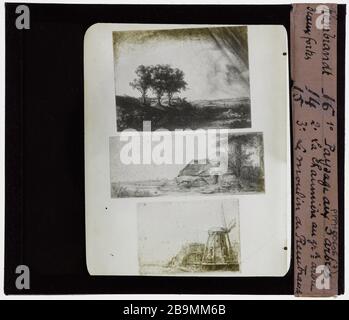 Rembrandt van Rijn (1606-1669), niederländischer Maler. Radierungen. Drei Drucke Rembrandt van Rijn (1606-1669), pintre hollandais. Eaux Fortes. "Trois estampes". Plaque de projection noir et blanc. 1900-1930. Photographie de Jacques-Ernest Bulloz (1858-1942). Musée des Beaux-Arts de la Ville de Paris, Petit Palais. Stockfoto