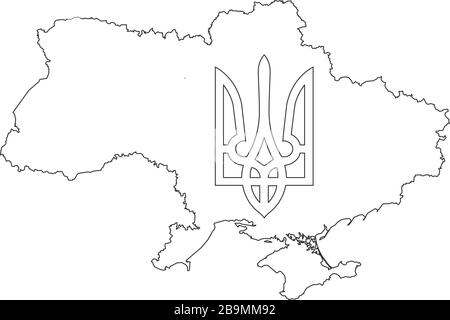 Lineare Karte der Ukraine mit Tryzub. Ukrainisches Wappen, Dreizack-Nationalsymbol. Darstellung des Stock-Vektors auf weißem Hintergrund isoliert Stock Vektor