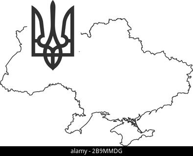 Lineare Karte der Ukraine mit Tryzub. Ukrainisches Wappen, Dreizack-Nationalsymbol. Darstellung des Stock-Vektors auf weißem Hintergrund isoliert Stock Vektor