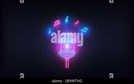 Mikrofon mit Musiknoten. Neon-Vorlage für Karaoke, Live-Musik, Talent-Show Stock Vektor