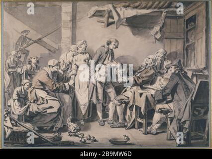 DAS DORF GEWÄHRTE Jean-Baptiste Greuze (1725-1805). "L'accordée de Village", Vers 1761. Plume et encre noire avec lavis gris et brun sur traits à la pierre noire, sur Papier. Musée des Beaux-Arts de la ville de Paris, Petit Palais. Stockfoto