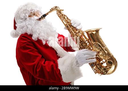 Weihnachtsmann, der ein Saxofon spielt, isoliert auf weißem Hintergrund Stockfoto