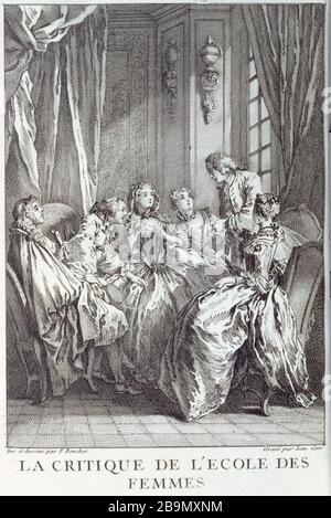 KRITIK AN DER FRAUENSCHULE "La critique de l'école des femmes", théâtre de Molière, Tome II, Seite 349. Estampe de Laurent Cars (1700-1771) d'après François Boucher (1703-1770). Musée des Beaux-Arts de la Ville de Paris, Petit Palais. Stockfoto