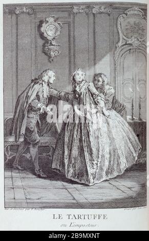 DIE Tatuffe ODER DAS PLAKAT "Le Tartuffe ou l'Imposteur", théâtre de Molière, Tome IV, Seite 171. Estampe de Laurent Cars (1700-1771) d'après François Boucher (1703-1770). Musée des Beaux-Arts de la Ville de Paris, Petit Palais. Stockfoto