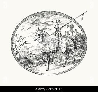 Bewaffneter Ritter aus dem Mittelalter, der ein Pferd reitet. Historischer alter militärischer Charakter. Prinz mit Schwert und Schild. Uralter Kämpfer. Vektor-Skizze aus Vintage Stock Vektor