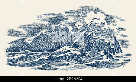 Sinkendes Schiff auf See. Meeressturm, starke Wellen. Monochrome Skizze in Vintage. Historisches Seescape. Vektorgrafiken für Banner oder Poster. Boot Stock Vektor