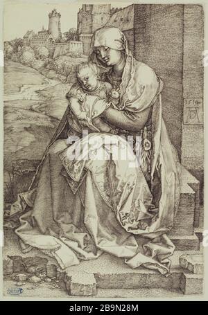 Jungfrau und Kind sitzen vor einer Mauer (Bartsch 40) Albrecht Dürer (1471-1528). La Vierge à l'Enfant assise au pied d d'une muraille (Bartsch 40). 1514. Musée des Beaux-Arts de la Ville de Paris, Petit Palais. Stockfoto