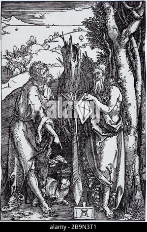 JOHANNES DER TÄUFER UND ST ONOFRIO IN DER WÜSTE. BARTSCH 112 Albrecht Dürer (1471-1528). 'Aint Jean-Baptiste et Saint Onuphre dans le désert'. Bartsch 112. Tiefdruck sur bois. Musée des Beaux-Arts de la Ville de Paris, Petit Palais. Stockfoto