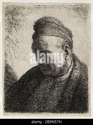 Bärenloser Mann in Beet und Fellmantel (Bartsch 307) Rembrandt Harmenszoon van Rijn (1606-1669), Peintre hollandais. Homme imberbe en béret et en manteau fourré (Bartsch 307). Eau-forte sur Papier européen, 1631. Musée des Beaux-Arts de la Ville de Paris, Petit Palais. Stockfoto