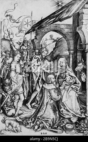 Die Anbetung des Magi Martin Schongauer. L''Adoration des Mages - B 6. Musée des Beaux-Arts de la Ville de Paris, Petit Palais. Stockfoto