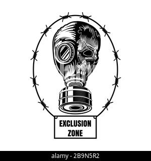 Zerbrochene Gasmaske der UdSSR-Zeit mit Schädel von einer Seite, in der Mitte von ovalem Stacheldraht. Stock Vektor