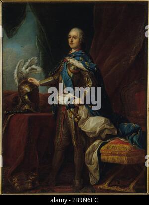 Porträt von Louis XV (Rüstung in seinem Zelt) D'après Carle Van Loo (1705-1705). 'Portrait de Louis XV (1710-174), roi de France (en armure sous sa tente)'. Huile sur toile, vers 1750-60. Musée des Beaux-Arts de la Ville de Paris, Petit Palais. Stockfoto