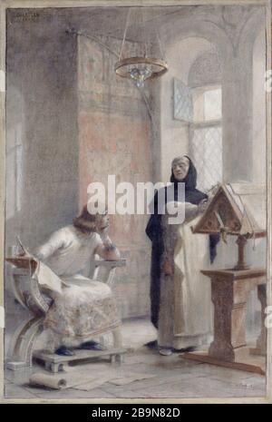 THEOBALD CHARTRAN - LOUIS IX UND VINCENT BEAUVAIS THÉOBALD CHARTRAN (1849-1907). "Louis IX (1214-1270), à l'abbaye de Royaumont, étudiant les mathématiques sous la direction de Vincent de Beauvais, esquisse pour l'escalier de la Sorbonne, vers 1888-3". Huile sur toile et crayon noir. Musée des Beaux-Arts de la Ville de Paris, Petit Palais. Stockfoto