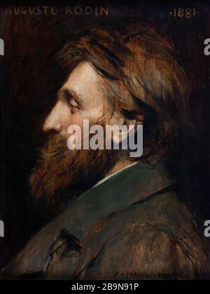 Porträt von Auguste-Rodin François Flameng (1856-1923). 'Portrait d'Auguste Rodin' (1840-1917), sculpteur français. Huile sur bois. 1881. Musée des Beaux-Arts de la Ville de Paris, Petit Palais. Stockfoto