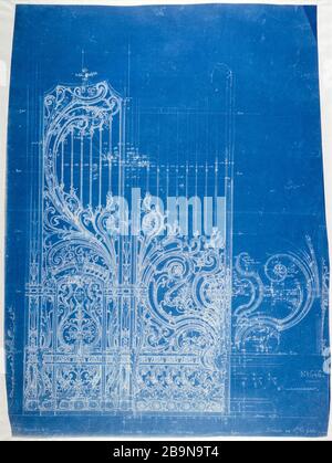 PLÄNE FÜR DEN BAU DES KLEINEN PALASTES - ZEITPLAN DES HAUPTEINGANGS CHARLES LOUIS GIRAULT (1851-1932). "Bleu d'architecte Nr. 646, Plans pour la construction du Petit Palais: Grille de l'entrée principale, 20 novembre 1899". Musée des Beaux-Arts de la Ville de Paris, Petit Palais. Stockfoto