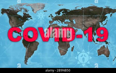 COVID-19 Coronavirus Pandemie, Name COVID-19 auf globaler Karte. Das SARS-COV-2-Corona-Virus breitet sich um den Planeten aus. Weltkrise durch COVID19-Ausbruch. Eleme Stockfoto