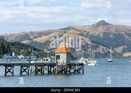 Dalys Wharf, French Bay, Akaroa, Banks Peninsula, Canterbury Region, Neuseeland Stockfoto