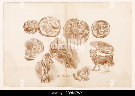 Blatt mit neun antiken Medaillen (Delteil Strauber-46) Eugène Delacroix (1798-1863). Feuille de neuf médailles antiques (Delteil-Strauber 46). Lithographie. Im Jahr 182. Musée des Beaux-Arts de la Ville de Paris, Petit Palais. Stockfoto