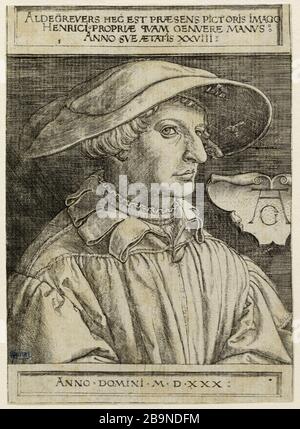 Selbstporträt im Alter von 28 Jahren (Hollstein 188) Heinrich Aldegrever (ou Aldegrever - 1502-V.1555/1561). Autoportrait à l'âge de 28 ans (Hollstein 188). Burin, 1530. Musée des Beaux-Arts de la Ville de Paris, Petit Palais. Stockfoto